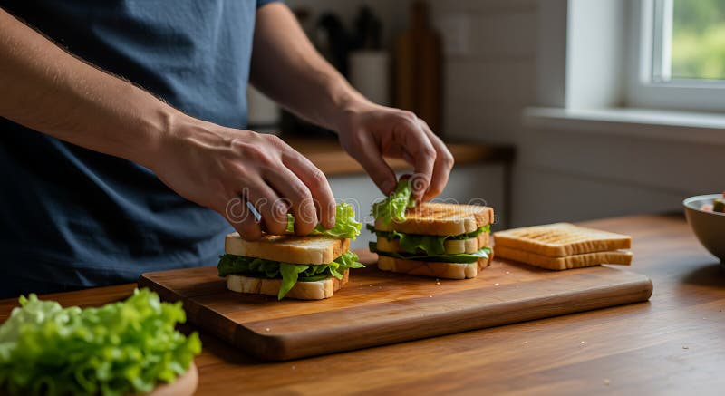 Person Making Sandwiches with Lettuce on a Wooden Board stock illustration