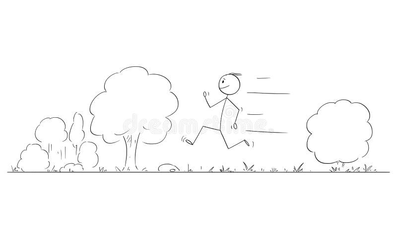 Person or Man Running on Road in Nature, Vector Cartoon Stick Figure Illustration