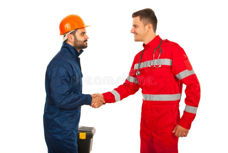 Paramedic and constructor worker meeting and giving hand shake isolated on white background. Paramedic and constructor worker meeting and giving hand shake isolated on white background