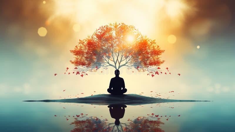 person meditate at nature under tree branch, new life, solitude and tranquility concept, serene and calm scene