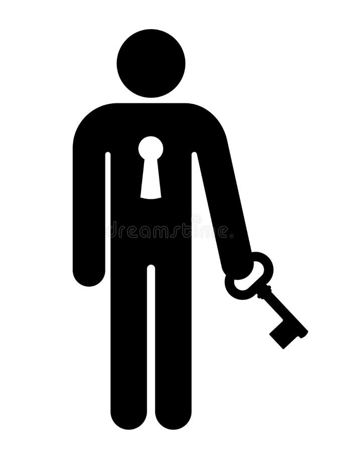 Person mit einem Verschluss in seinem Kasten, der einen Schlüssel hält stock abbildung Person mit einem Verschluss in seinem Kasten, der einen Schlüssel hält stock abbildung