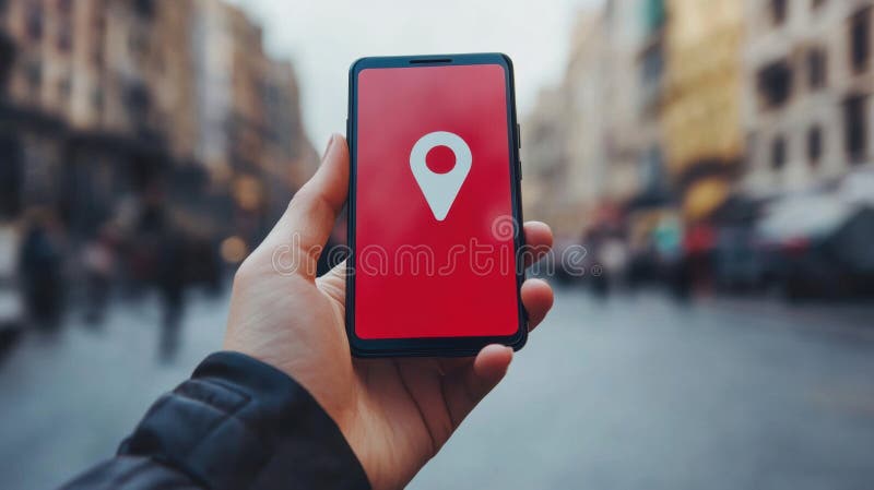 A person is navigating through a busy city street using a mobile phone that shows a location pin, indicating their royalty free stock image