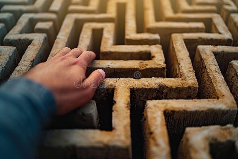 Person Navigating a Maze or Labyrinth, Symbolizing Problem-solving and Strategy Stock 