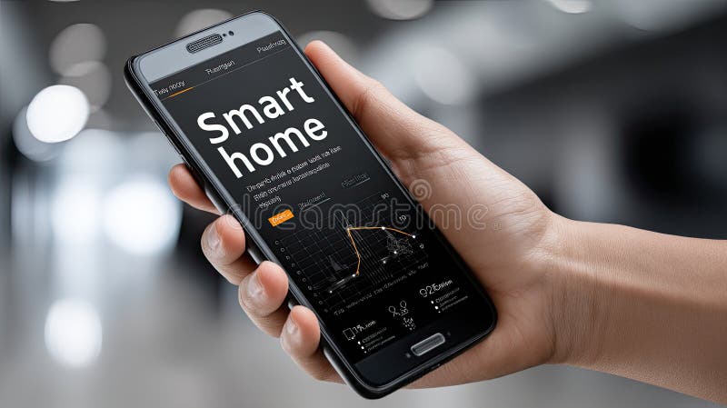 Person operates smart home controls on a smartphone, viewing temperature, air quality, and energy usage in front of an electrical panel. Controls automation stock images, royalty-free photos and pictures