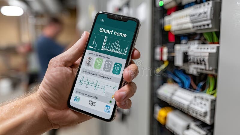 Person operates smart home controls on a smartphone, viewing temperature, air quality, and energy usage in front of an electrical panel. Controls automation stock images, royalty-free photos and pictures