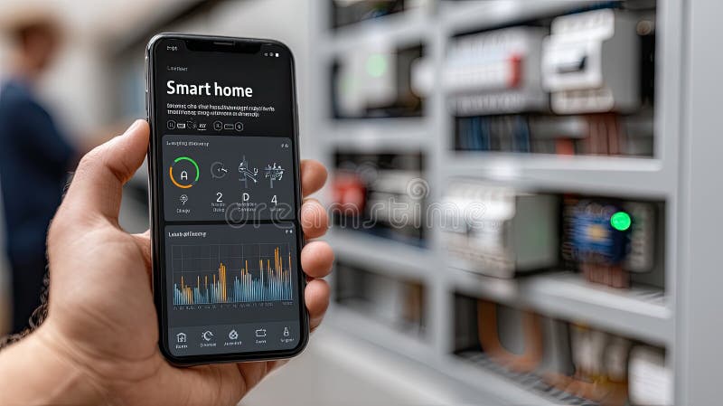 Person operates smart home controls on a smartphone, viewing temperature, air quality, and energy usage in front of an electrical panel. Controls automation stock images, royalty-free photos and pictures