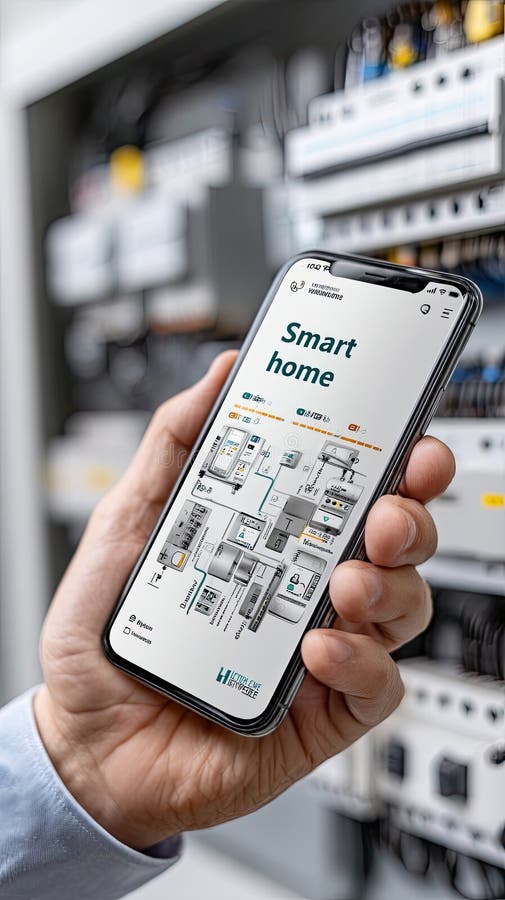 Person operates smart home controls on a smartphone, viewing temperature, air quality, and energy usage in front of an electrical panel. Controls automation stock images, royalty-free photos and pictures