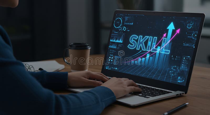 A person operating a laptop displaying a digital graph with arrows and the word stock illustration