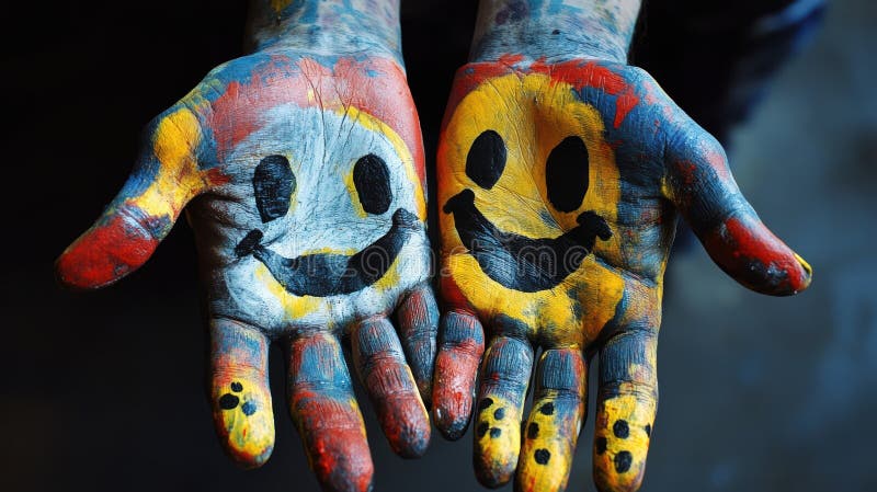 A person with painted hands holding a smiley face stock illustration