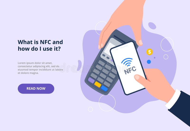 A person pays for a purchase by smartphone. Contactless payment, near-field communication protocol, and e-payment stock illustration