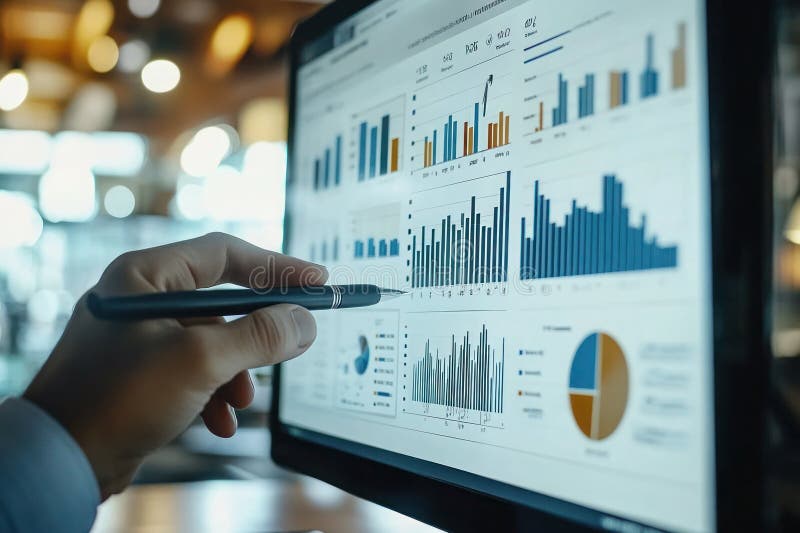 A person is pointing at a computer screen with a graph on it. The graph is showing a line that is going up
