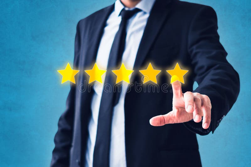 Person pointing on 5 star review, costumer feedback concept - five stars rating -