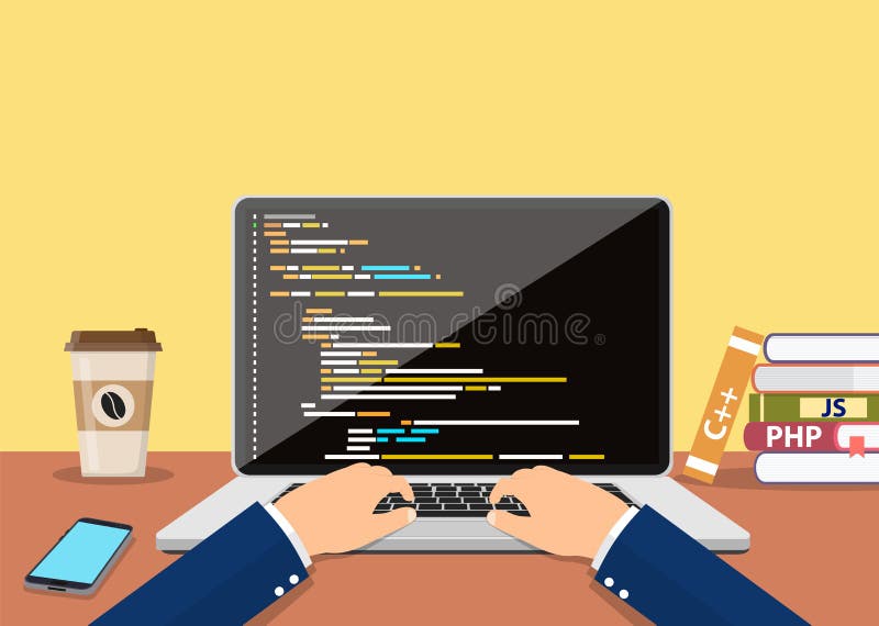 Person programmer working on pc laptop stock illustration