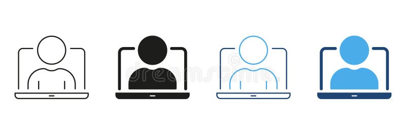 Person på skärmlinje för bärbar dator och fast Ikonuppsättning. Silhouette-symbol för fjärrarbete för kommunikation via virtuellt royaltyfri illustrationer