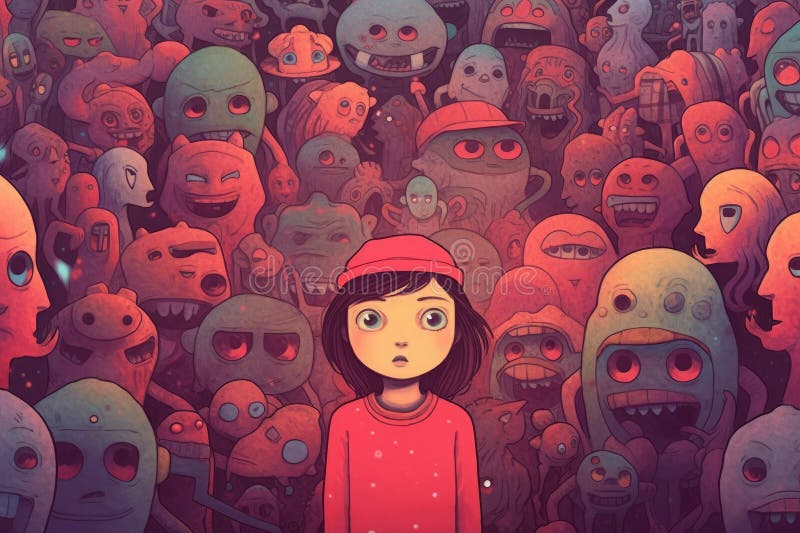 A person in red clothes among grey crowd. Standing out from crowd, individuality and difference concept. Feeling alone with people royalty free illustration