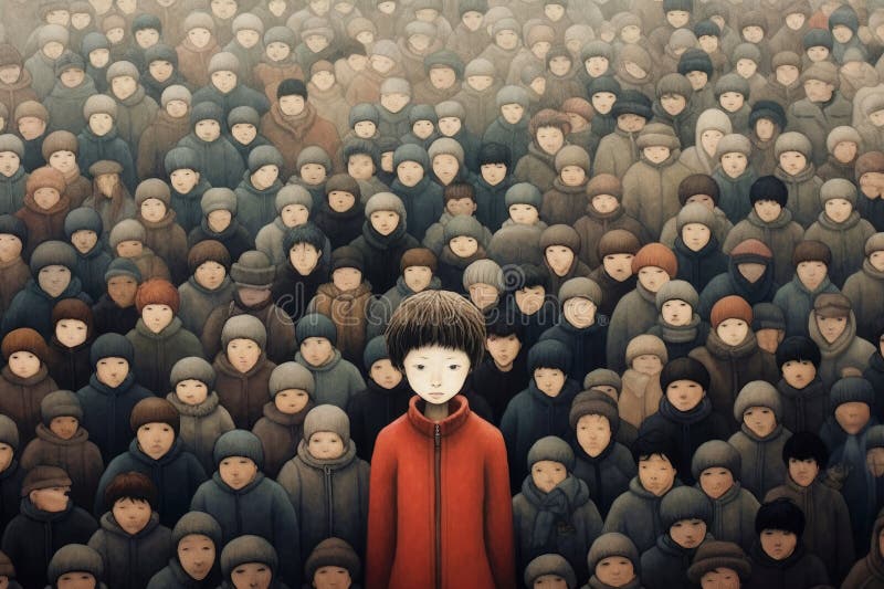 A person in red clothes among grey crowd. Standing out from crowd, individuality and difference concept. Feeling alone with people royalty free illustration