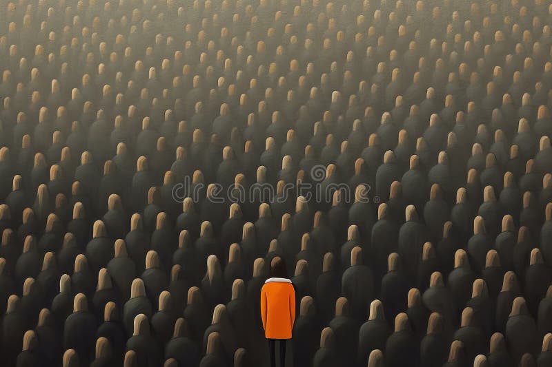 A person in red clothes among grey crowd. Standing out from crowd, individuality and difference concept. Feeling alone with people royalty free illustration
