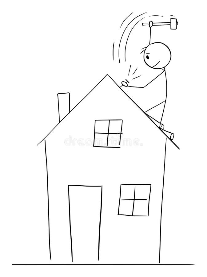 Person Repairing or building Roof of Family House, Vector Cartoon Stick Figure Illustration