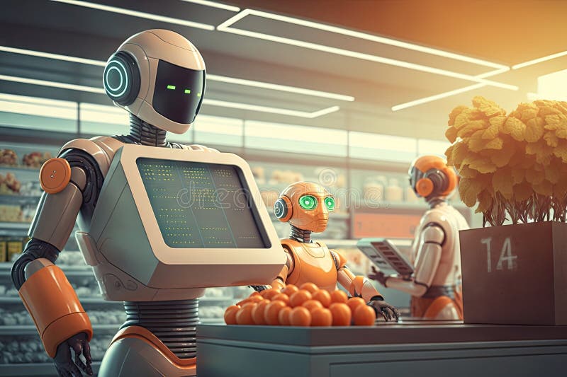 Person, robot, and checkout register in futuristic grocery store royalty free illustration