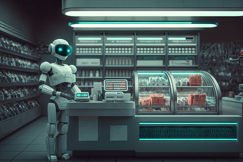 Person, robot, and checkout register in futuristic grocery store stock illustration