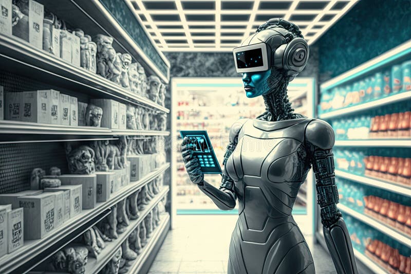 Person, robot, and virtual reality headset standing in checkout line of futuristic grocery store vector illustration