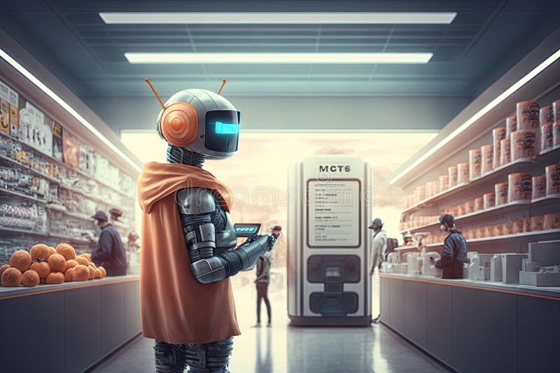 Person, robot, and virtual reality headset standing in checkout line of futuristic grocery store royalty free illustration