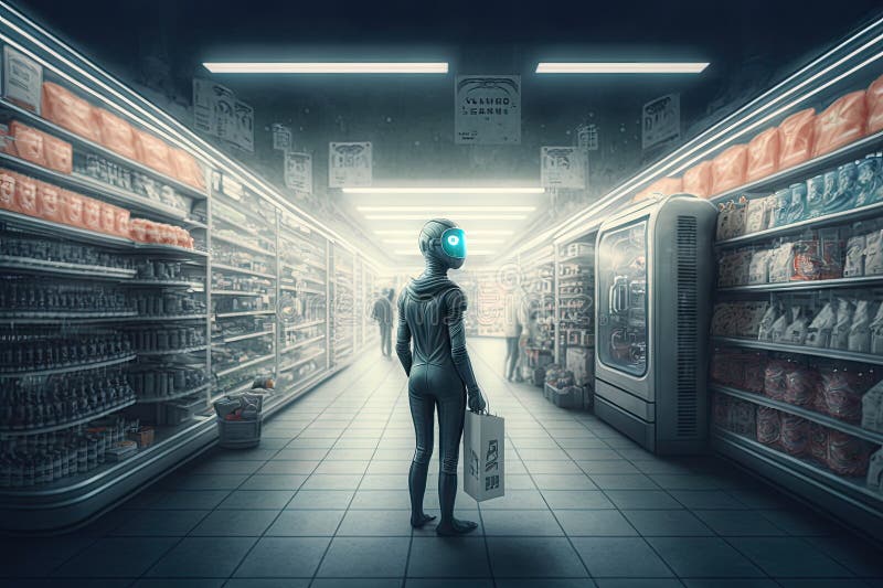 Person, robot, and virtual reality headset standing in checkout line of futuristic grocery store stock illustration