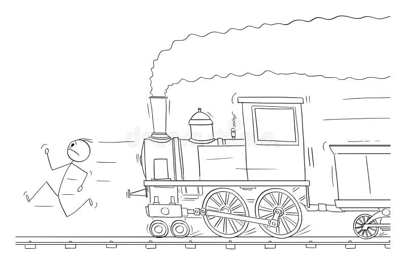 Person Running on Track Away from Steam Train, Vector Cartoon Stick