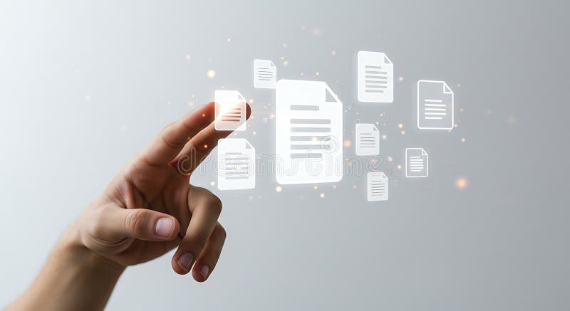 A person\'s hand interacts with floating digital icons representing documents. The stock illustration