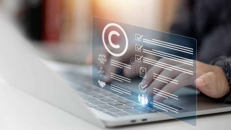 Person\'s hand using a laptop computer on a futuristic virtual interface screen royalty free stock photography