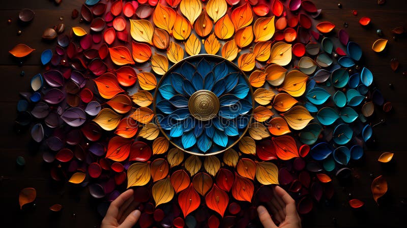 Person&#x27;s hands holding circular object in front of colorful paper flowers. Generative AI royalty free illustration
