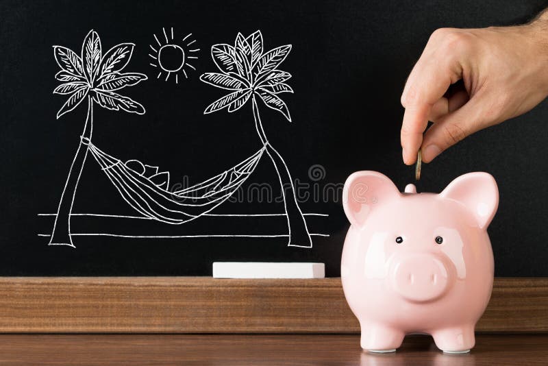 Person Saving Money In Piggybank For Vacation