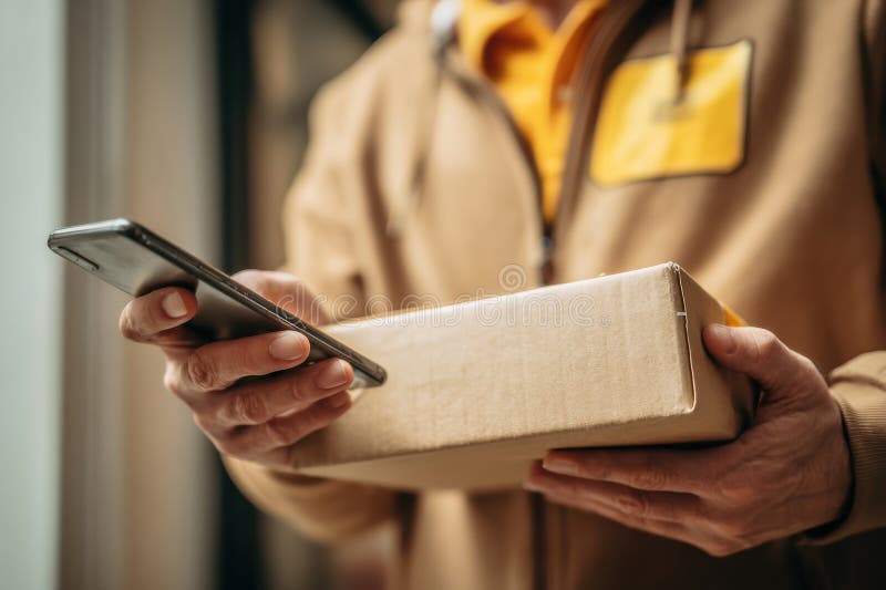 Person Scanning Parcel Using Smartphone for Tracking Package Location in a Delivery Setting During Daytime royalty free stock image