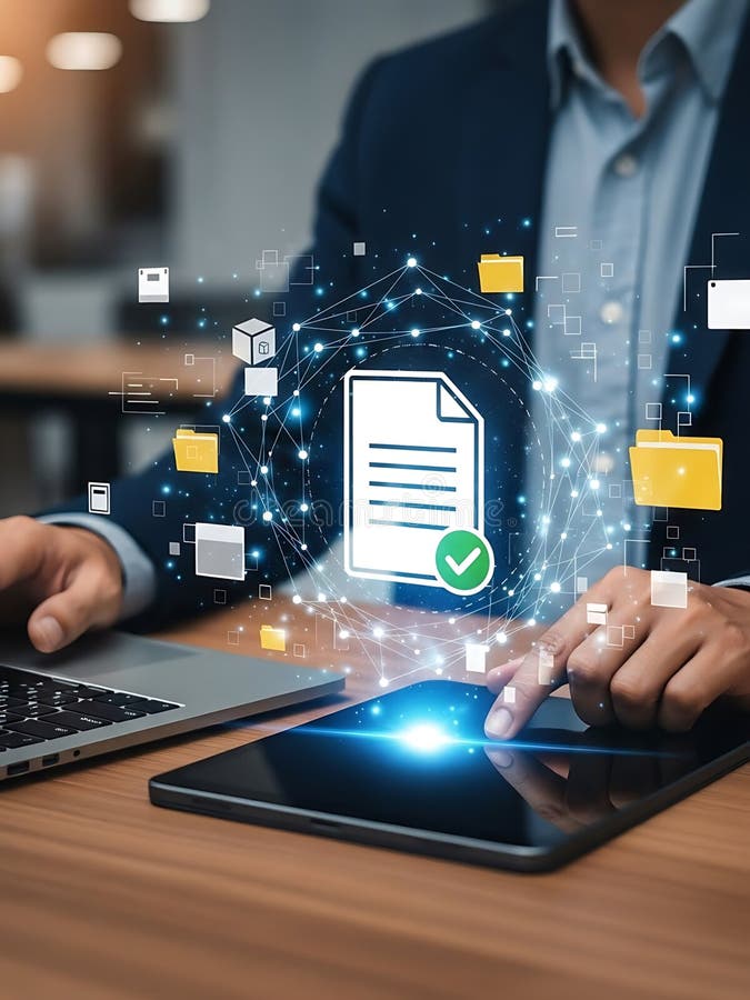 Digital Document Storage and Secure File Sharing via Cloud Platform stock illustration