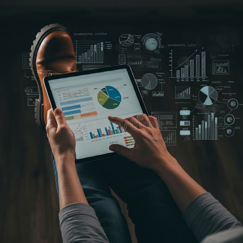 A person is seated, holding a tablet displaying various colorful charts and graphs royalty free illustration