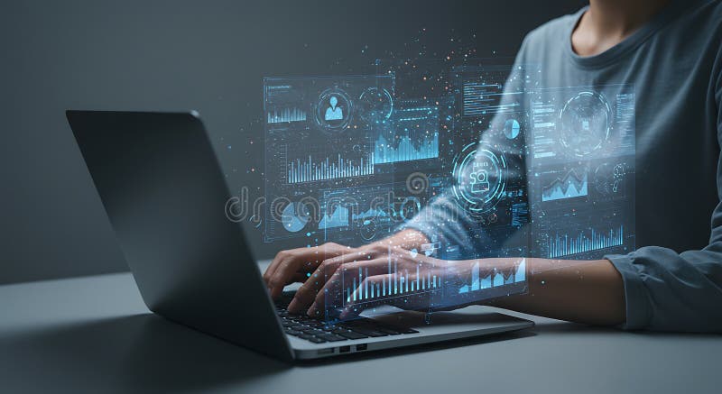A person, seated at a table, engages with a laptop displaying futuristic vector illustration