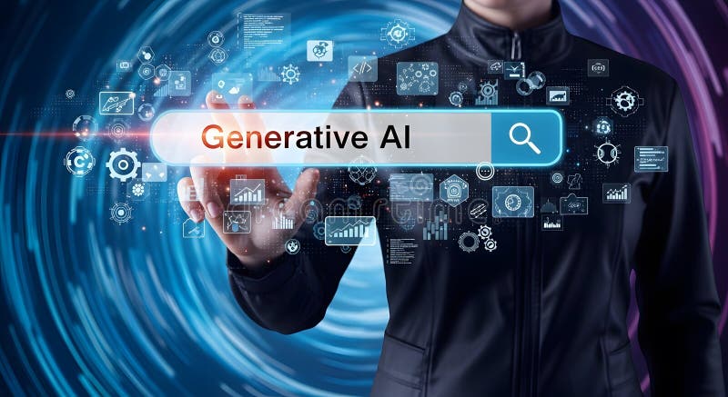 Person interacting with Generative AI search, surrounded by virtual icons vector illustration