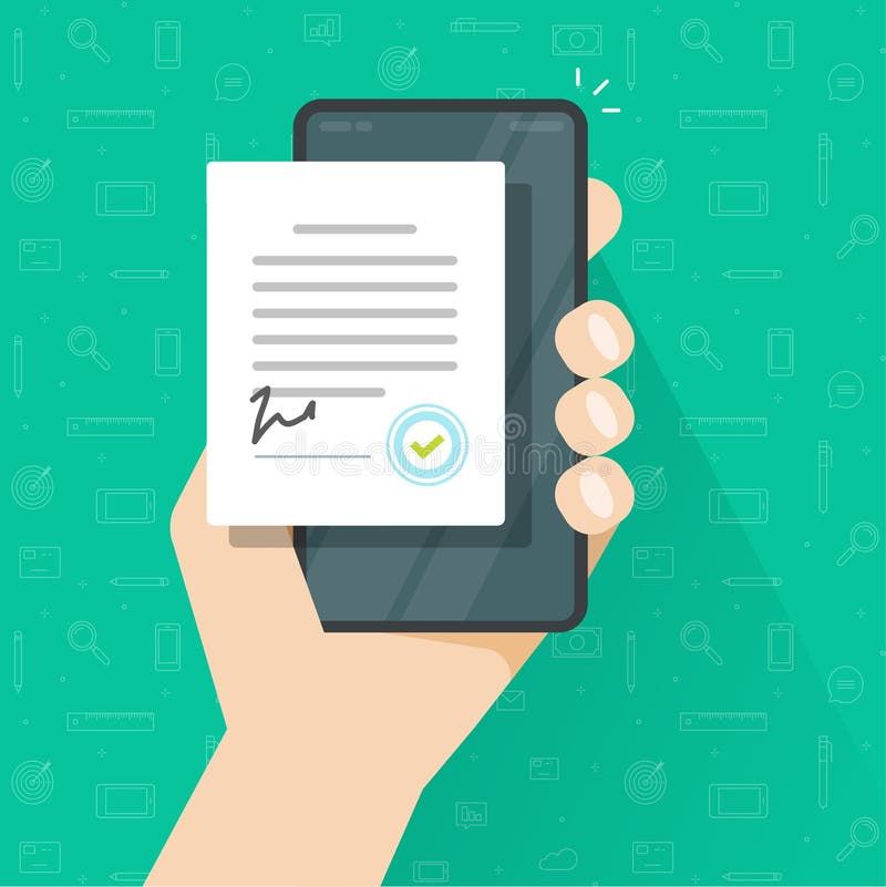Person signed mobile digital agreement form online or contract document on smart cellular phone with seal stamp vector vector illustration