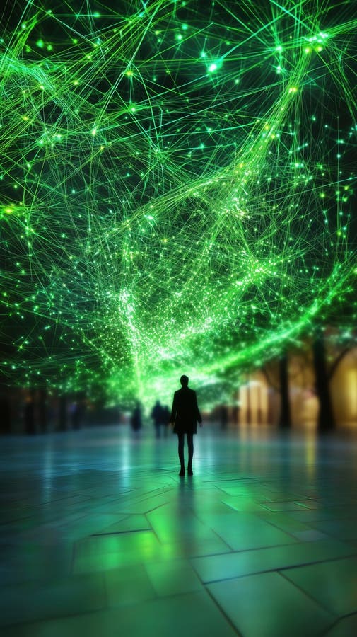 Person Silhouette Under Green Network Lightscape Cityscape vector illustration