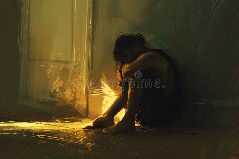 A person sits alone in the corner of a dimly lit room, hugging their knees to their chest. Generative AI vector illustration