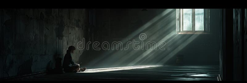 A person sits alone in a dark room, illuminated by a single beam of light shining through a window. Their face is royalty free illustration