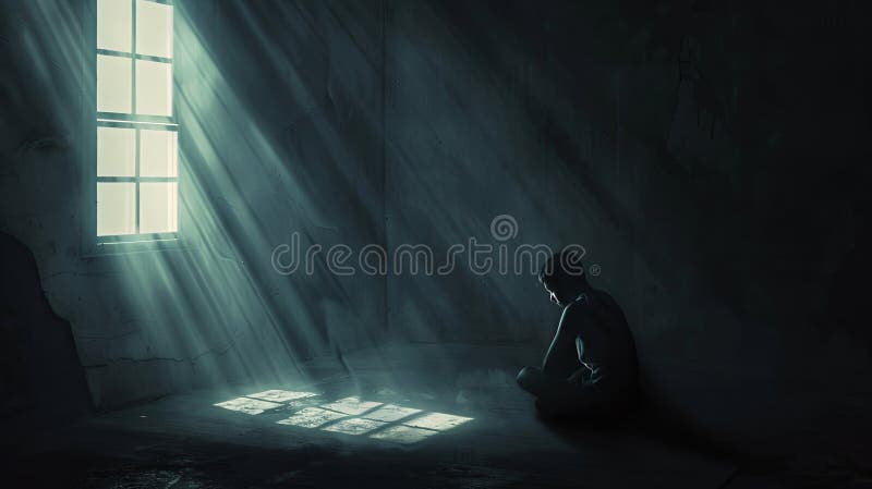 A person sits alone in a dark room, their face partially hidden in shadows, as a single beam of light streams through a royalty free illustration