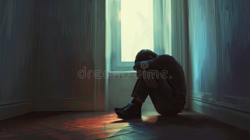 A person sits alone in a dimly lit room, hugging their knees to their chest, their head bowed in despair. The shadows vector illustration