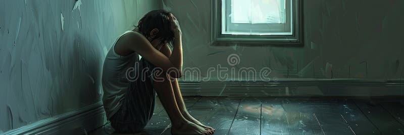 A person sits alone in a dimly lit room, hugging their knees to their chest. The room is sparsely furnished, and the stock photos