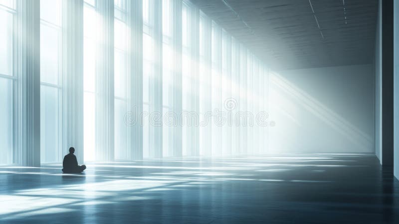 A person sits alone on the floor of a spacious gallery, enveloped by light streaming through tall windows in a serene atmosphere. AI generated