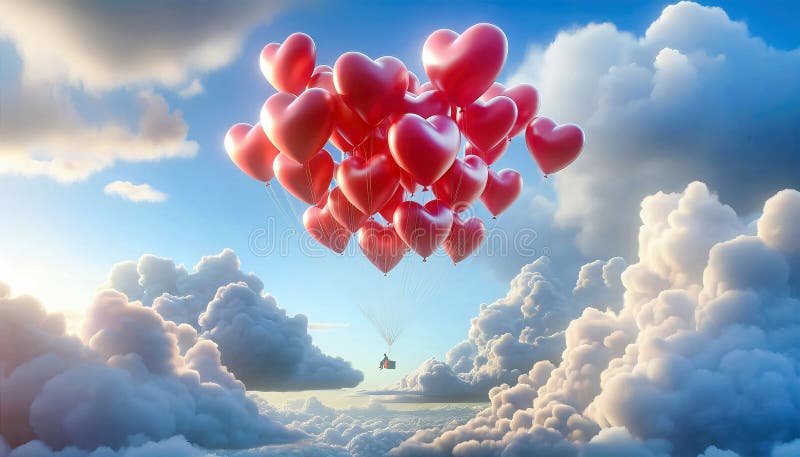 A person sits on a box floating in the air hanging with red heart shaped red balloons, blue sky background, coy space for text or