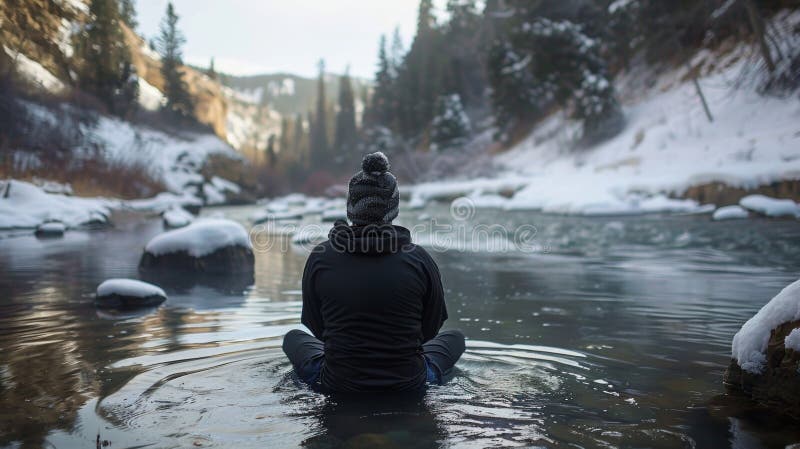 A person sits in a cold river using deep breathing techniques to endure the discomfort as they partake in their daily stock photography
