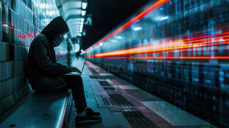 A person sits in a metro station working on a laptop, emphasizing the dangers of using public Wi-Fi networks for royalty free illustration