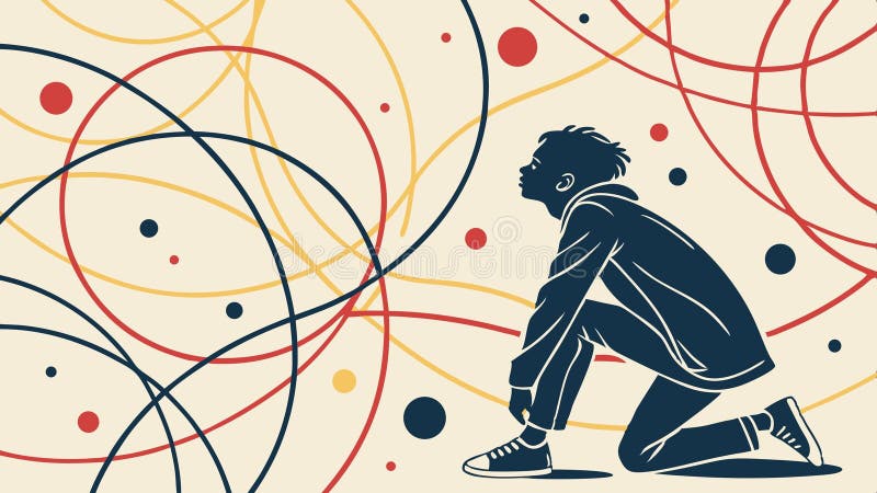 Person sitting contemplating abstract swirling lines vector design Generative AI stock illustration
