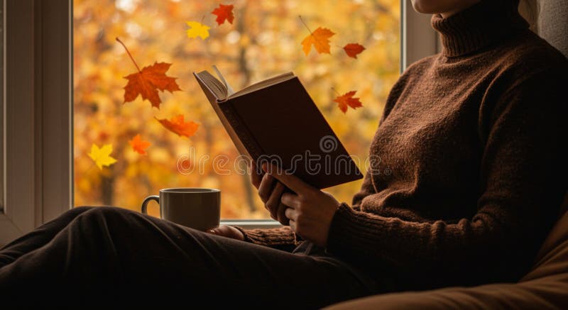Person sitzt an einem Fenster, das ein Buch mit einem braunen Pullover liest. Ein Krug ist Platz stock abbildung